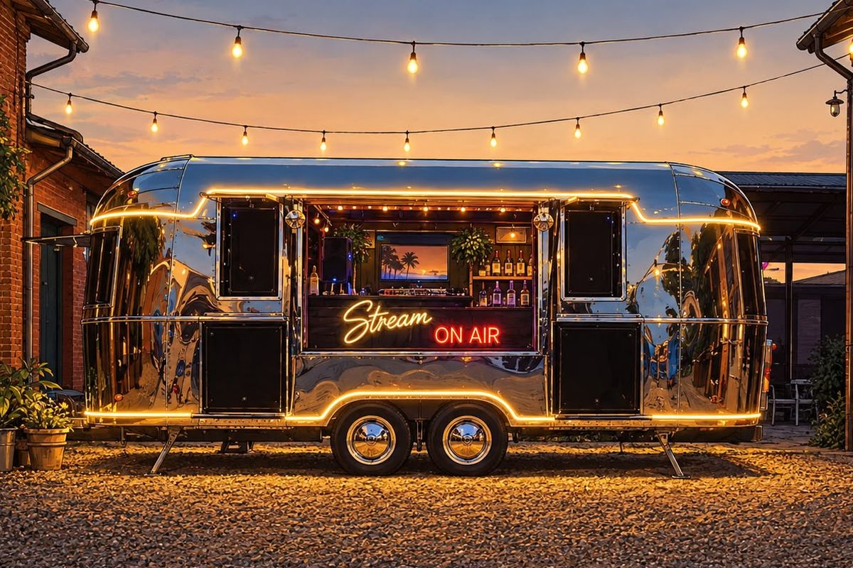 L'Airstream Stream On Air al tramonto in un cortile di cascina, con LED accesi, insegna al neon e luci a festone
